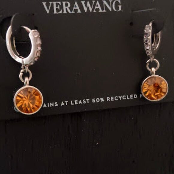 VERA WANG Mod/Contemporary Gunmetal Clear & Topaz Crystal Drop Hoop Earrings~NEW - Picture 1 of 3
